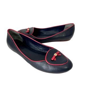 Tory Burch Dakota Bow Loafer Flats Navy Blue Red Leather